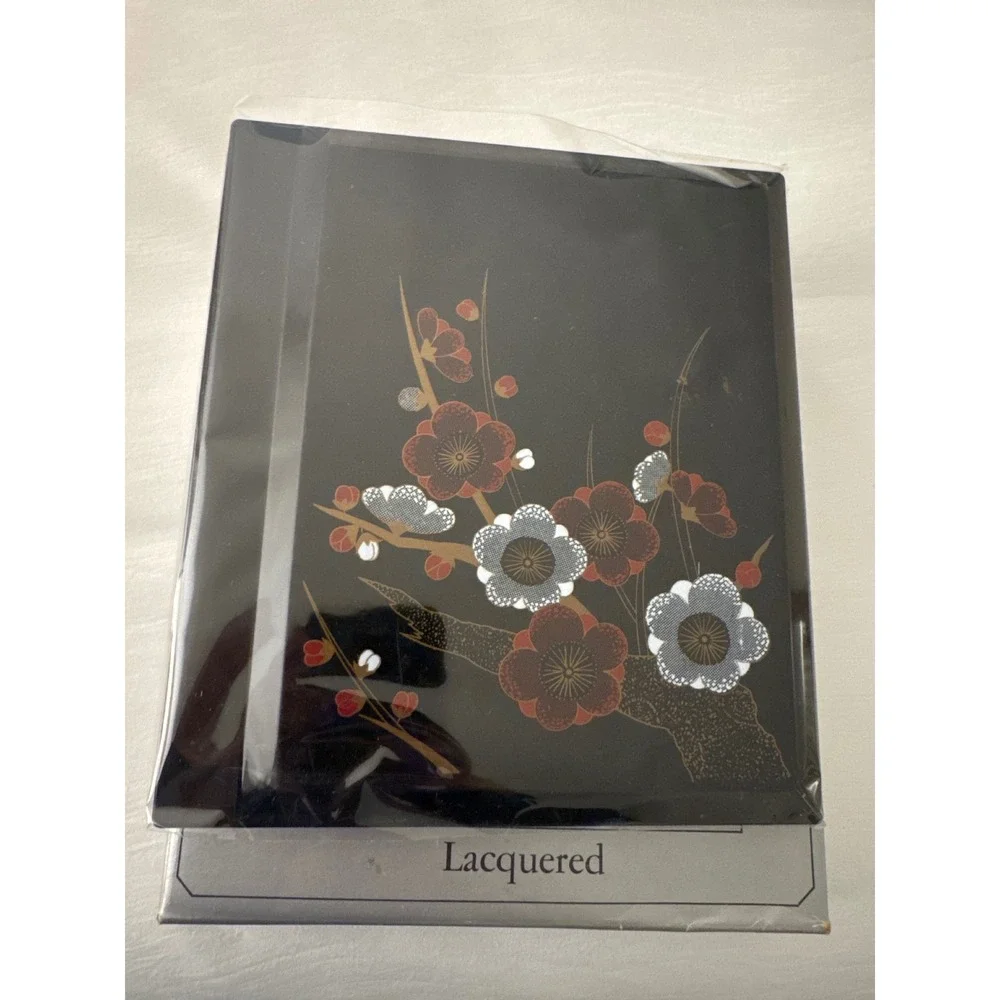VTG 1988 Lacquered Photo Album Japanese Floral Black Red White Made in Taiwan